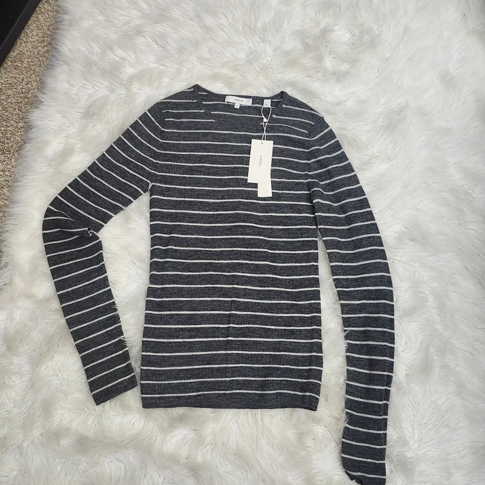 Vince Womens 100% Wool Striped Ribbed Long Sleeve Sweater Grey White S New